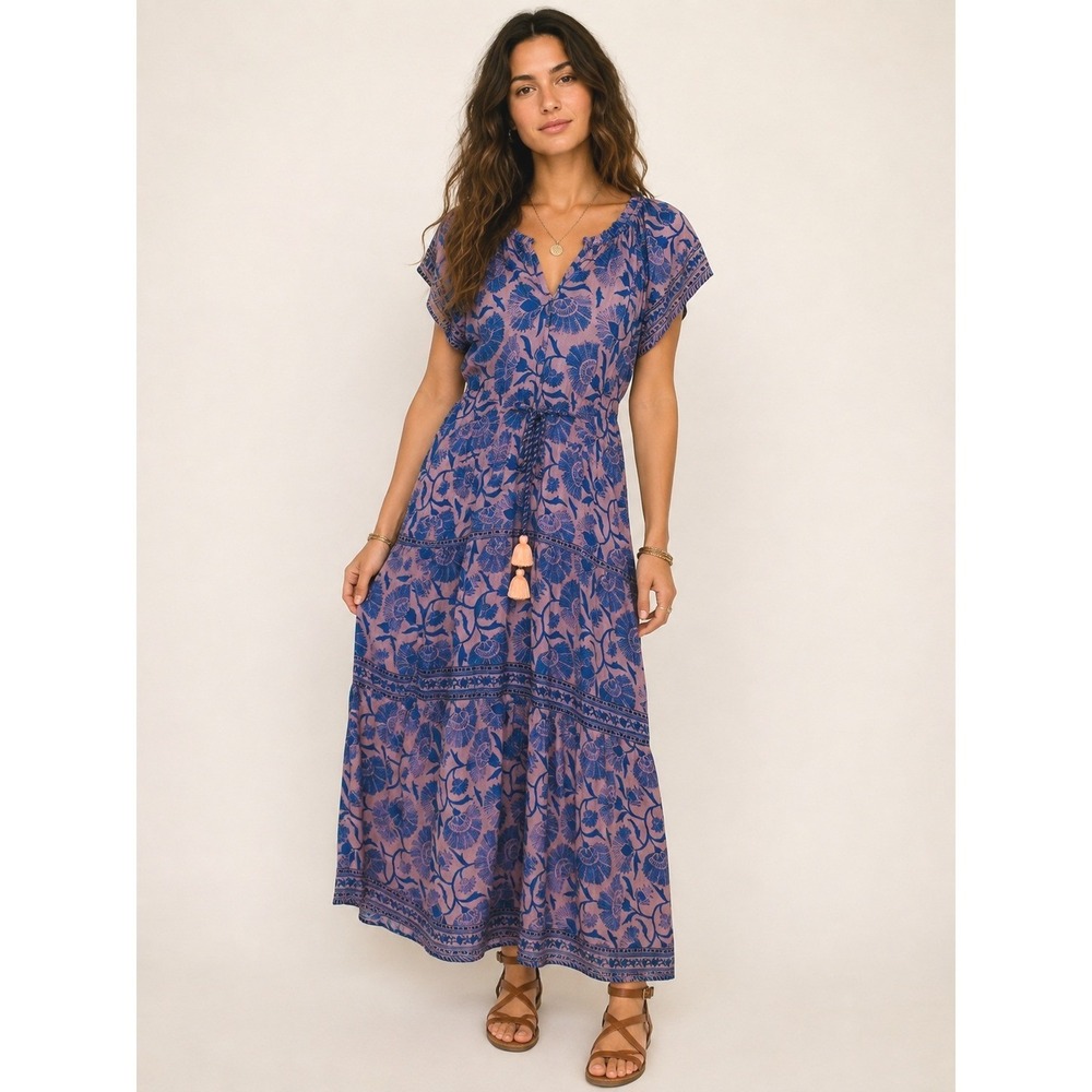Omika Maxi Dress Womens S Pink Blue Floral Tiered Boho Tassel